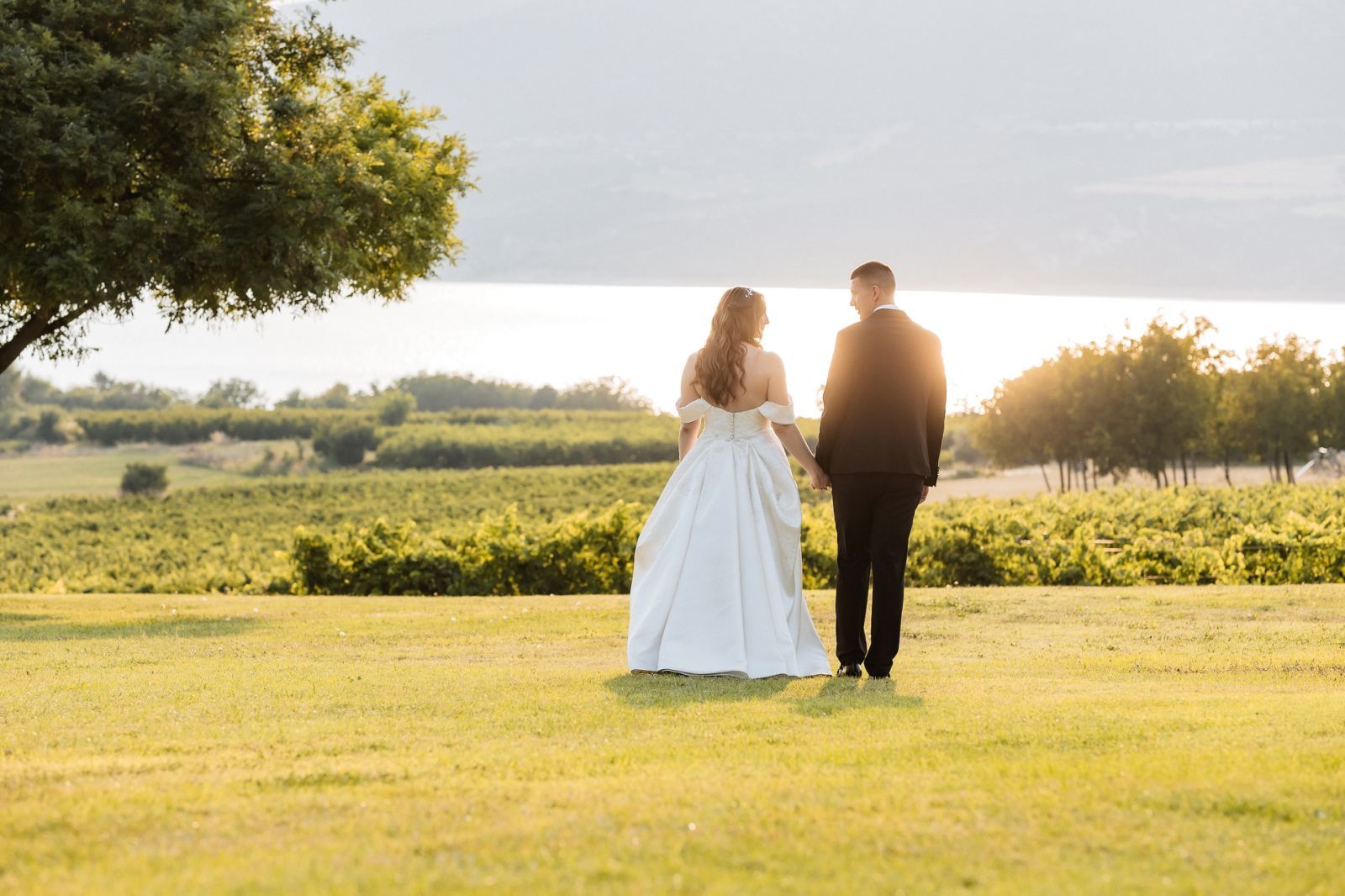 Bride and groom walking hand in hand by the vineyard at sunset